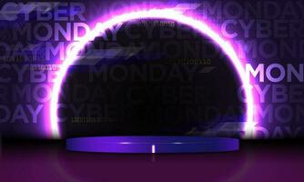 3D Cyber Monday Studio template with neon product display and glowing ring. Cyber Monday typographic design. LED Arc. Vector Illustration. EPS 10.