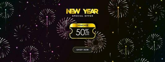 Colorful New Year Special Offer 50 Discount Voucher Template Banner with Shop Now CTA button and fireworks display. New Year Coupon Banner layout. Editable Vector Illustration. EPS 10.