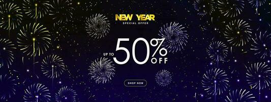 New Year 50 off Discount Sales Banner with Shop Now CTA button and fireworks display. New Year up to 50 off sale sign. Editable Vector Illustration. EPS 10.