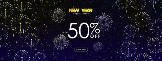 New Year 50 off Discount Sales Banner with Shop Now CTA button and fireworks display. New Year up to 50 off sale sign. Editable Vector Illustration. EPS 10.