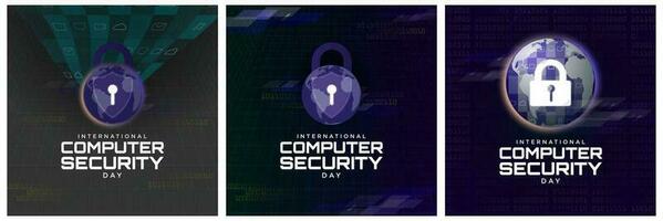 Set of International Computer Security Day Greeting Card Posters. Computer Security Icon with padlock, binary code elements. Vector Illustration. EPS 10.