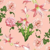 Seamless pattern floral with pink rose and lily flowers abstract background.Vector illustration watercolor hand drawning.For fabric pattern print design. vector