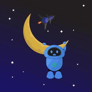 a blue robot is sitting on the moon with a rocket in the background vector