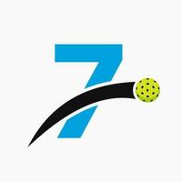 Pickleball Logo On Letter 7 With Moving Pickleball Icon. Pickleball Sign Template vector