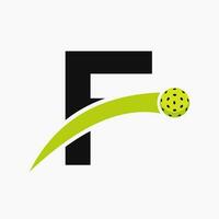 Pickleball Logo On Letter F With Moving Pickleball Icon. Pickleball Sign Template vector