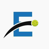 Pickleball Logo On Letter E With Moving Pickleball Icon. Pickleball Sign Template vector