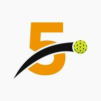 Pickleball Logo On Letter 5 With Moving Pickleball Icon. Pickleball Sign Template vector