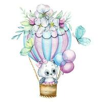 linda bebé animal acuarela ilustración, pequeño panda con globos aislado en blanco antecedentes. mano dibujado encantador animal para guardería decoración niños ilustración vector