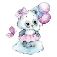 linda bebé animal acuarela ilustración, pequeño panda con globos aislado en blanco antecedentes. mano dibujado encantador animal para guardería decoración niños ilustración vector