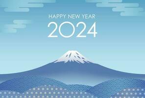 nuevo año tarjeta vector modelo con azul monte. fuji decorado con Clásico japonés patrones.