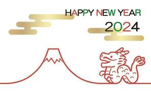 2024, Year Of The Dragon, New Years Greeting Card Template With A Dragon Mascot And Mt. Fuji. Vector Illustration.