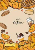 Autumn template with pumpkin, pie, dessert, cheesecake, cookie, coffee latte. Design element for seasonal menu on beige background vector