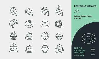 Bakery cakes Icon collection containing 16 editable stroke icons. Perfect for logos, stats and infographics. Edit the thickness of the line in any vector capable app.