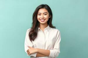 Beautiful asian woman in casual with smile cheerful. Studio shot asian woman standing hand gesture concept by AI Generated photo