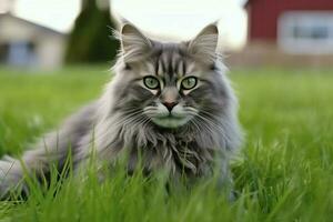 linda gato Mira a el lado y sentado en el jardín o césped. gato en naturaleza hábitat. gato día concepto por ai generado foto