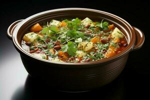 A delicious minestrone soup food in a bowl. Italian food and healthy protein soup meal concept by AI Generated photo