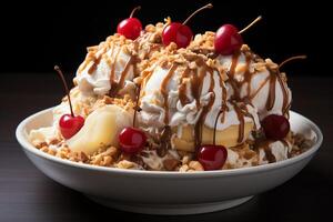 A delicious Banana split ice cream dessert with chocolate syrup. Banana split ice cream dessert by AI Generated photo