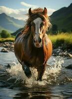 A wild horse running in the creek. Wild or farm animals concept by AI Generated photo