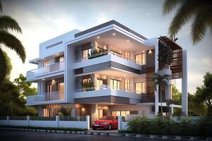 Beautiful modern house exterior with carport. Modern residential district and minimalist building concept by photo