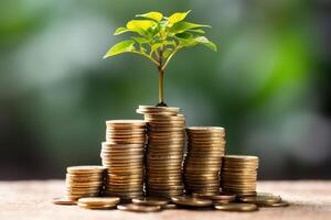 Business growth with a growing tree on a coin. Showing financial developments. Financial planning concept by AI Generated photo