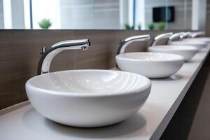Modern public bathroom with row of white ceramic wash sink basins and faucet with mirror in restroom concept by photo