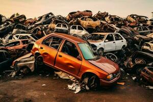Rusting old junk cars with environment pollution in junkyard for recycling. Abandoned car waste concept by AI Generated photo