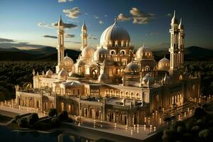 Awesome buildings of mosque in ramadan vibes. Ramadan kareem eid mubarak islamic mosque concept by AI Generated photo