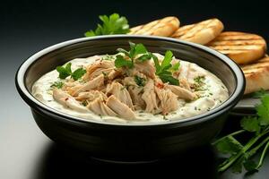 un delicioso pollo sopa comida con vegetales en un bol. invierno comida y alto proteína sopa comida concepto por ai generado foto