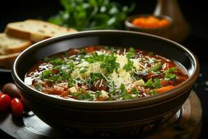 A delicious minestrone soup food in a bowl. Italian food and healthy protein soup meal concept by AI Generated photo