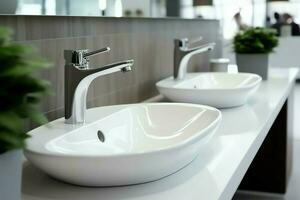 Modern public bathroom with row of white ceramic wash sink basins and faucet with mirror in restroom concept by AI Generated photo