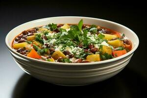 A delicious minestrone soup food in a bowl. Italian food and healthy protein soup meal concept by AI Generated photo