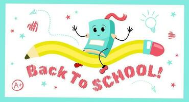 Back to School banner with wavy pencil flying in the sky and a book character which is riding it. Vector illustration for schools, websites and markets.