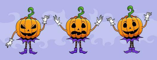 Three pumpkin Jack O Lantern characters for Halloween celebration banners, postcards, posters, web decorations, three characters with faces, hands and legs, vector stickers with Halloween pumpkin.