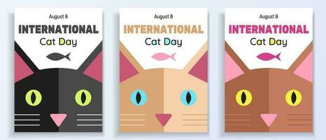 internacional gato día póster conjunto de Tres vertical carteles con gato dibujos en un plano estilo, saludo con internacional gato día, agosto 8. vector