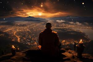 A buddha sits in the mountain with a lotus and candles. Background for vesak celebration. Vesak day concept. Vesak celebration day greetings concept by photo
