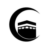 The Kaaba, Ka'ba, Ka'bah or Kabah and Crescent Moon Illustration. Moslem Icon Symbol for Islamic Logo, Pictogram or Graphic Design Element vector