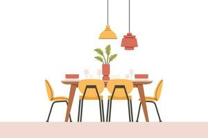 Dining table in kitchen with chairs, plates and wineglasses. Flat cartoon style vector illustration. Vector illustration