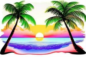 hawaiano puesta de sol con palma arboles soltar sombra. vibrante colores. foto