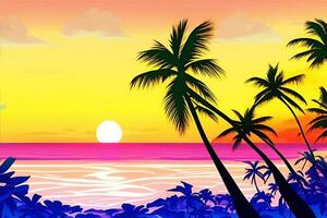 Hawaiian Sunset with palm trees. Drop shadow. vibrant colors. photo