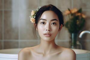 Attractive freshness asian woman clean face fresh water with care look to mirror in bathroom home concept by AI Generated photo