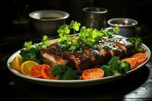A delicious crispy pork belly fancy on plate. Restaurant food and asian cuisine concept by AI Generated photo