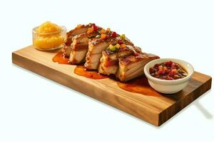 Pork belly braaivleis with mango and chili sauce served on a wooden plank. Restaurant food concept by AI Generated photo