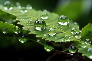 macro Disparo de verde hojas con agua gotas, Rocío o lluvia soltar en a ellos. verde hoja naturaleza bosque concepto por ai generado foto