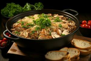 un delicioso pollo sopa comida con vegetales en un bol. invierno comida y alto proteína sopa comida concepto por ai generado foto