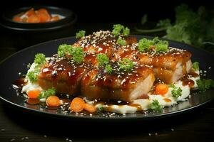 A delicious crispy pork belly fancy on plate. Restaurant food and asian cuisine concept by AI Generated photo