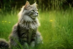 Cute cat look to the side and sitting in the garden or grass. Cat in nature habitat. Cat day concept by AI Generated photo