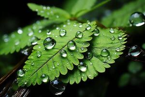 macro Disparo de verde hojas con agua gotas, Rocío o lluvia soltar en a ellos. verde hoja naturaleza bosque concepto por ai generado foto