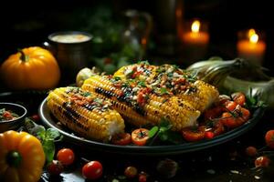 acción de gracias día comida con tarta, calabaza, naranjas, o asado pollo en horno forma. acción de gracias comida concepto por ai generado foto