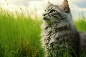 Cute cat look to the side and sitting in the garden or grass. Cat in nature habitat. Cat day concept by AI Generated photo