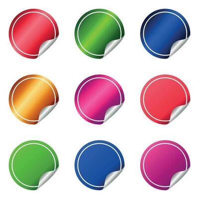 Circle adhesive symbol. Tags, round paper stickers with peeled corners and shadows,